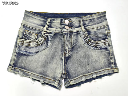 Sexy Low Rise Denim Super Shorts Women's Summer Elastic Slim Skinny Rivet Vintage Blue Short Jeans Y2k Versatile Pants