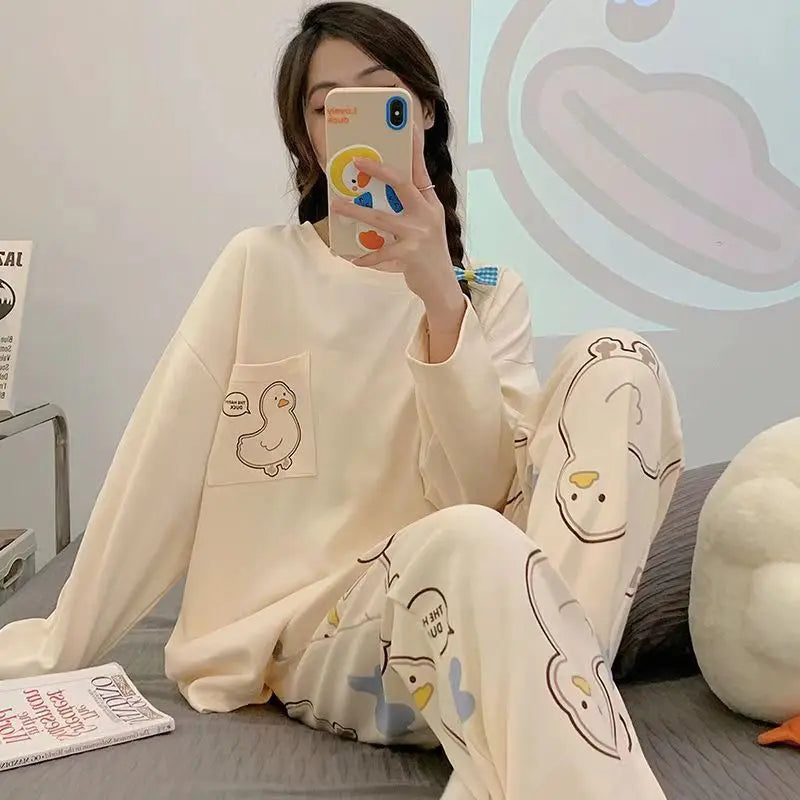 Spring and Autumn New Women's Thin Section Pajamas Homewear Suit Girls Summer Long-Sleeved Homewear Plus Size Cartoon Loose Suit 204