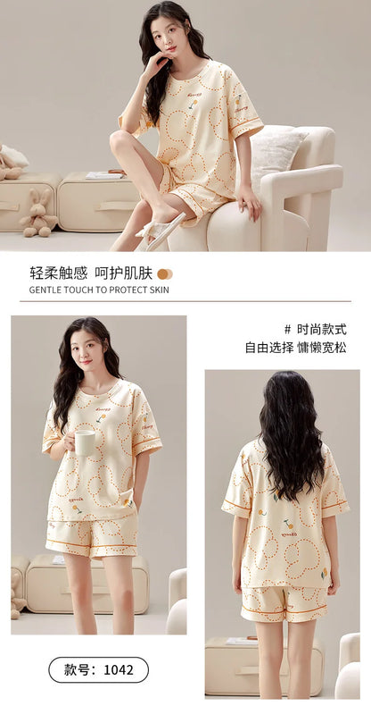 Summer 100% Cotton Women's Pajamas With Padded Bra Sweet Princess Cartoon Comfortable Short Sleeve Shorts Pajama Sets