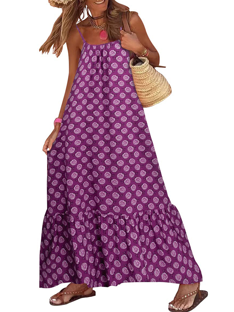 Women's Sleeveless Long Boho Dress Summer Loose Print Spaghetti Strap Flowy Dresses Bohemian Sundress Beachwear Party Coctail