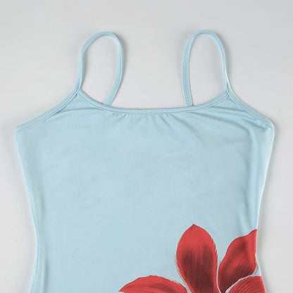 HEYounGIRL Boho Chic Spaghetti Strap Mini Dress Summer Y2K Floral Print Women Sexy Bodycon Dresses Beach Vacation Style Outfits