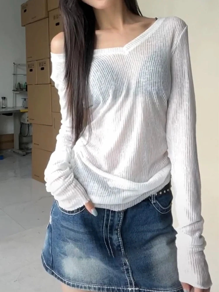 Women Long Sleeve T Shirt Thin Perspective Summer Solid Slim Casual Shirts Female Pullovers Basic Tee Y2k Clothes Streetwear Top White