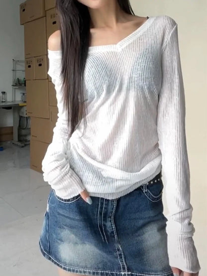 Women Long Sleeve T Shirt Thin Perspective Summer Solid Slim Casual Shirts Female Pullovers Basic Tee Y2k Clothes Streetwear Top White