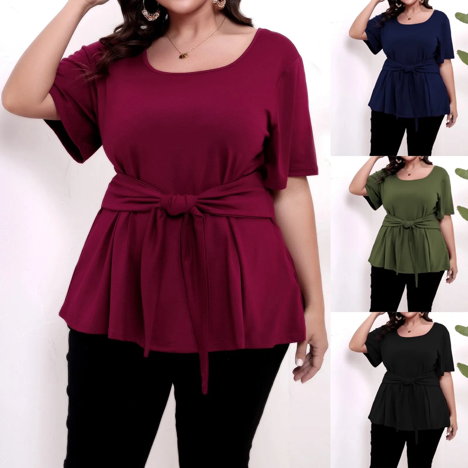Plus size top women's short sleeve round neck belted t-shirts spring summer ladies casual T-shirt tops solid color pullover
