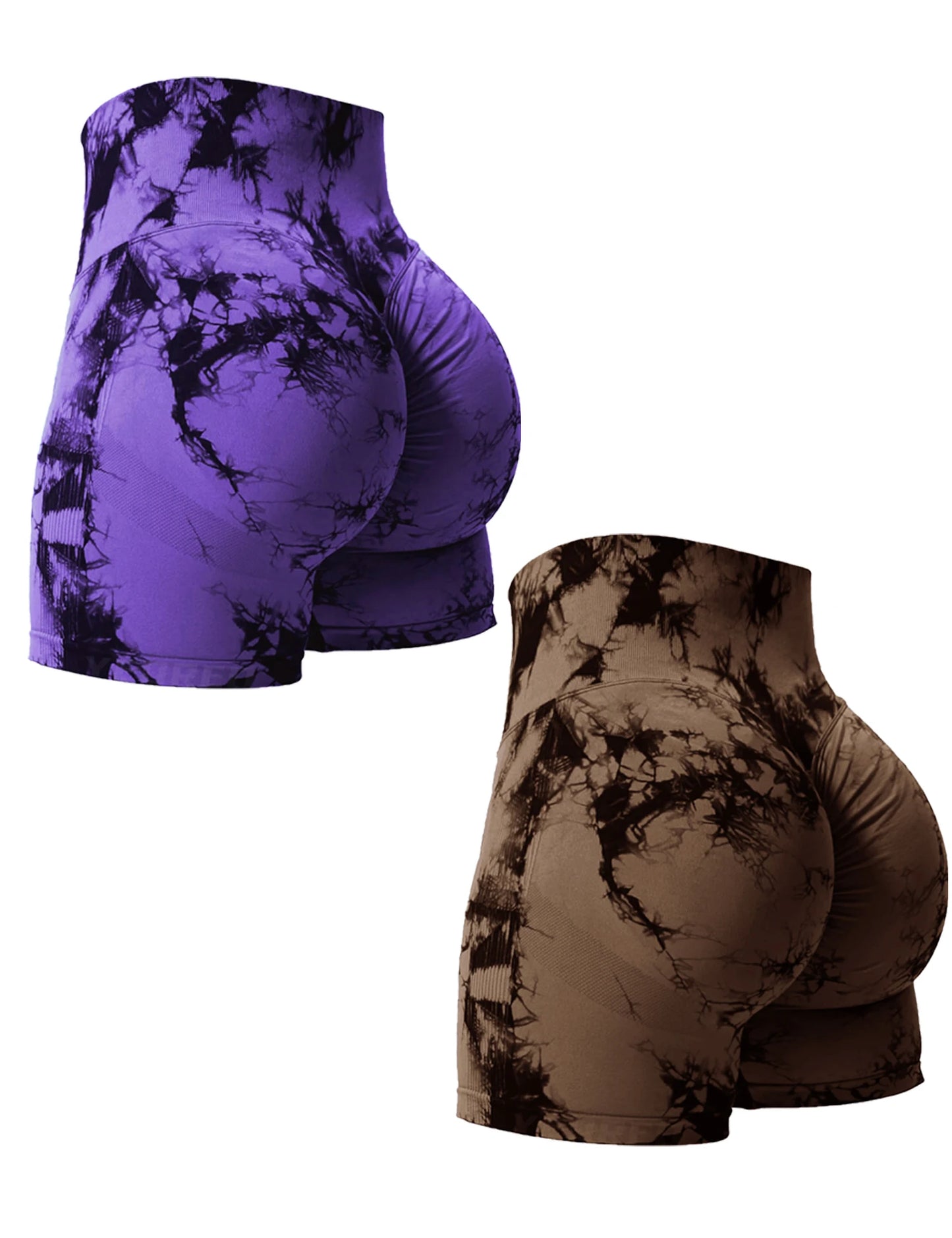 2PCS Tie Dye Butt Lifting Sexy Gym Shorts Woman Skinny Stretch High Waist Sport Shorts Casual Seamless Purple Coffee 2Piece