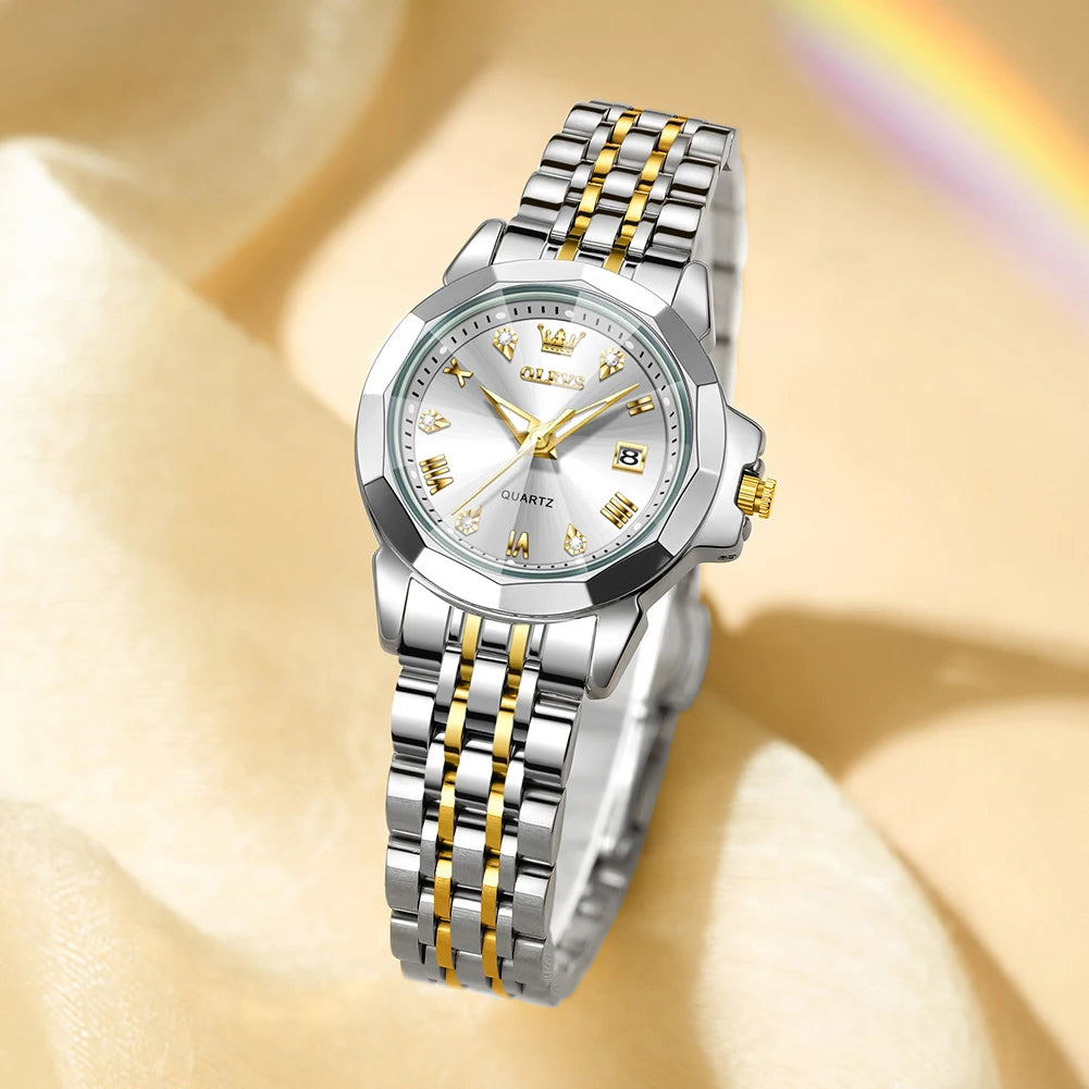 OLEVS 9931X Womens Perfume Watch Rhombic Quartz Watch Stainless Steel Waterproof Ladies Date Watch Gifts Original Elegant New W-Gold White CHINA Yes
