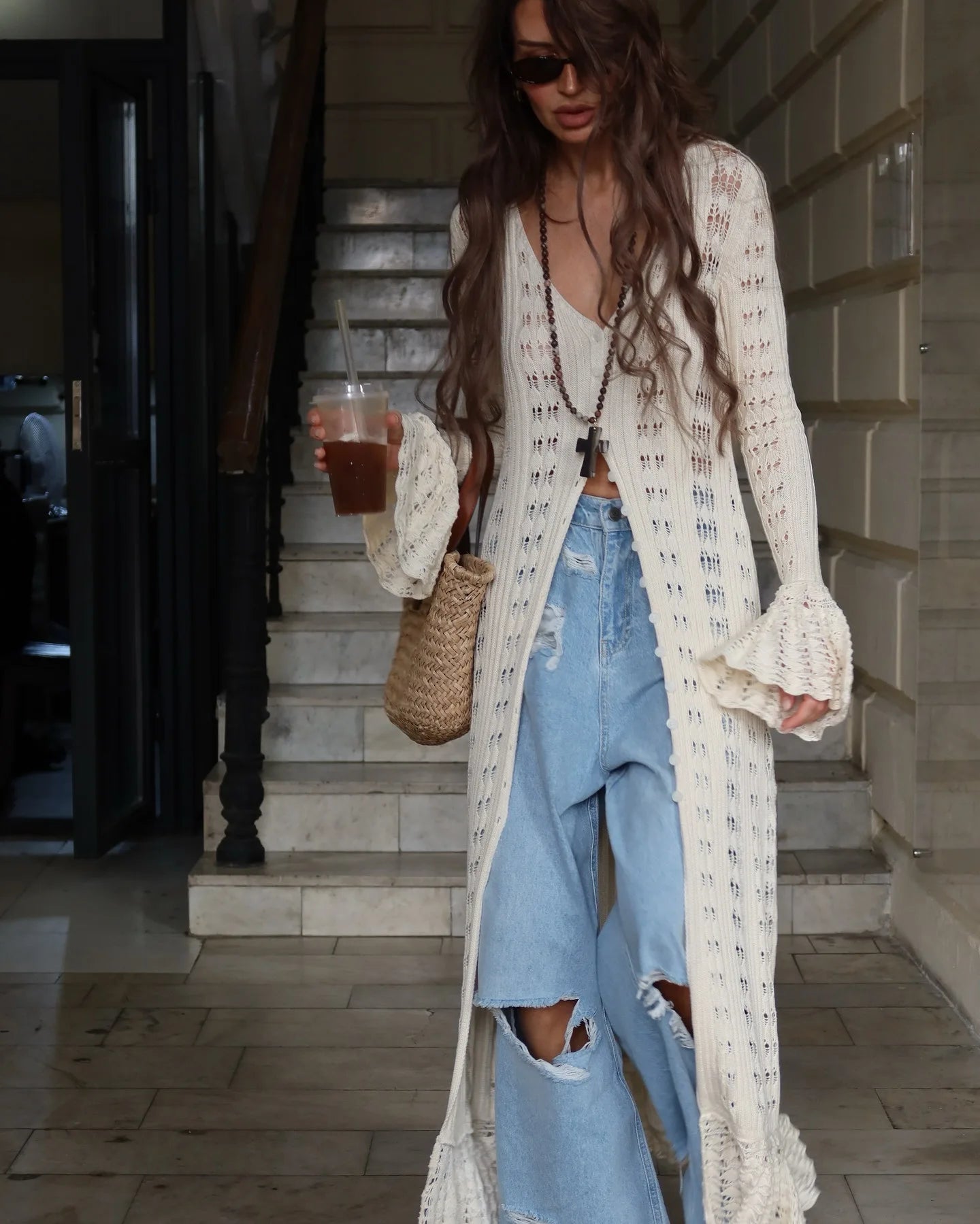 DSMTRC 2025 Holiday Knitted See-throught Cardigan Dress V Neck Long Flare Sleeves Leisure Long Trendy Single Breasted Autumn