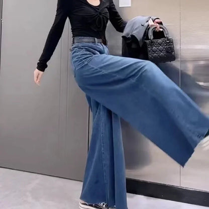 Retro Loose Super Wide-leg Jeans Women's 2024 Spring New Design Rough Edge Culottes Drape Floor Pants Women's Clothing Simple