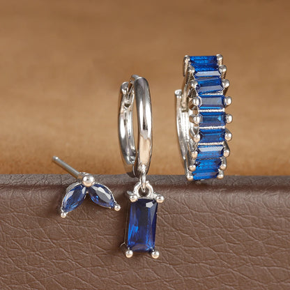 3PCS Stainless Steel Square Earrings Sets for Women Vintage Zircon Pendant Geometry Round Circle Hoop Earrings Piercing Jewelry Silver-Blue-3pcs