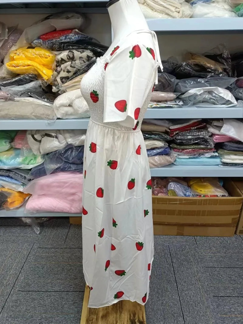 Vintage Kawaii Strawberry Dress Women Sexy Ruffle Puff Sleeve Off Shoulder Embroidery Summer Party Dresses 2023 Korean Elegant
