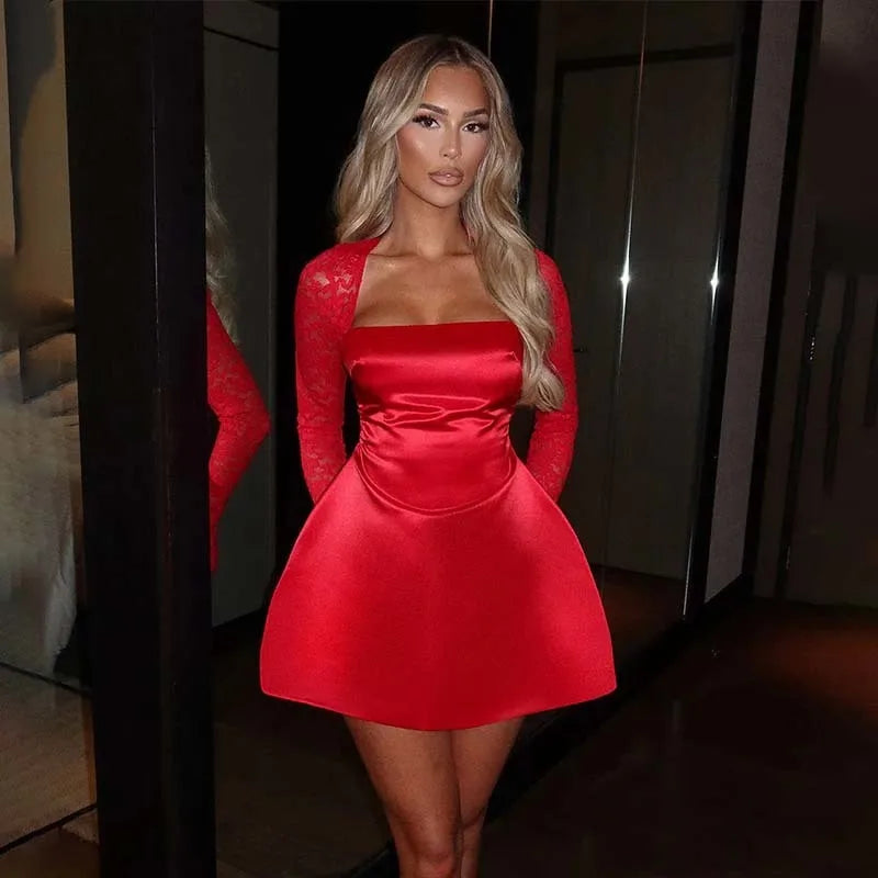 Townlike Lace Patchwork Waist Wrap A-line Dress Women Mini 2024 Autumn Winter Dress Backless Nightclub Sexy Party Dresses Red