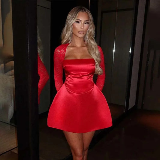 Townlike Lace Patchwork Waist Wrap A-line Dress Women Mini 2024 Autumn Winter Dress Backless Nightclub Sexy Party Dresses Red