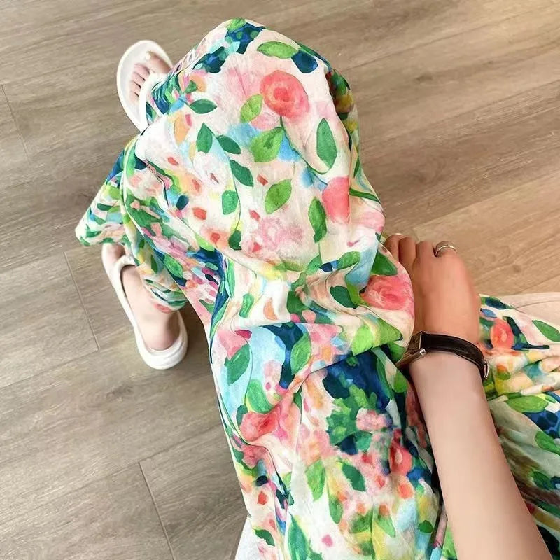 Beach Pants Loose Wide-Leg Pant Female Seaside Leisure INS High Waist Cropped Pant Straight Floral Trousers 2024 Summer New