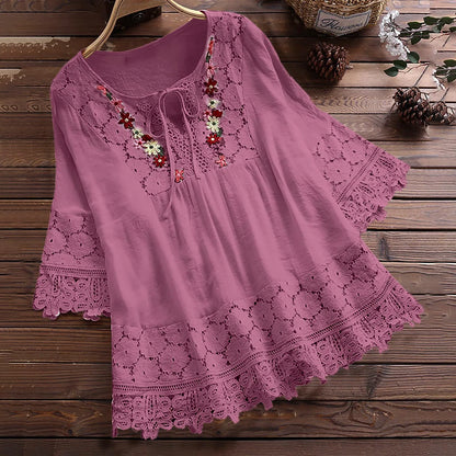Summer Women Casual Solid Tops Shirt Cotton And Linen Stitching Lace Flower V-neck Loose Top Blouse New Elegant Holiday Shirts Rose Red