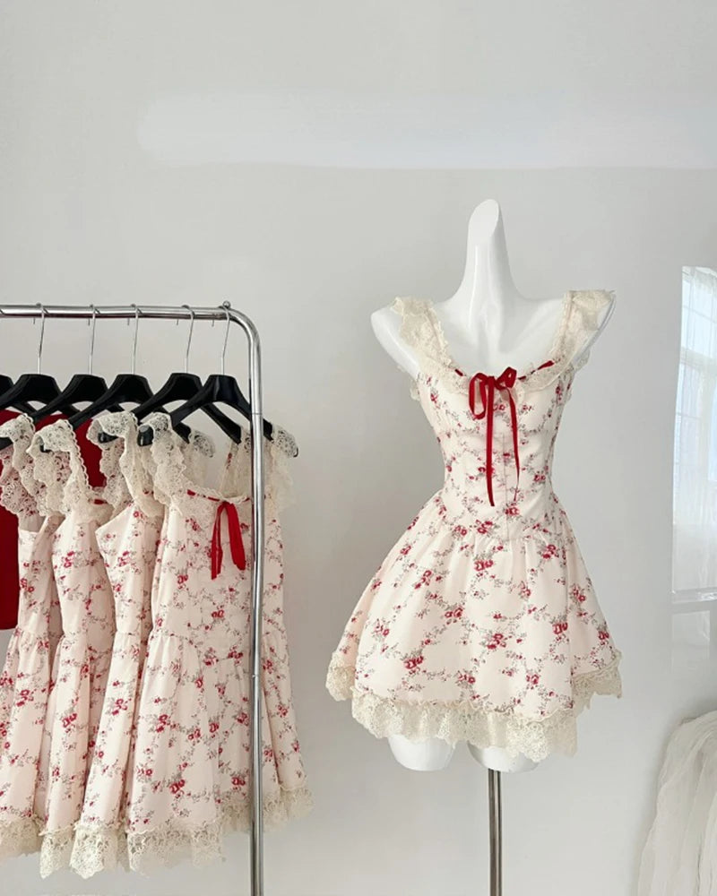 Y2K Sweet Floral Dress Set Woman Casual Red Short Cardigan Elegant Lace Mini Dress Female Korean Prairie Chic Clothing Suit