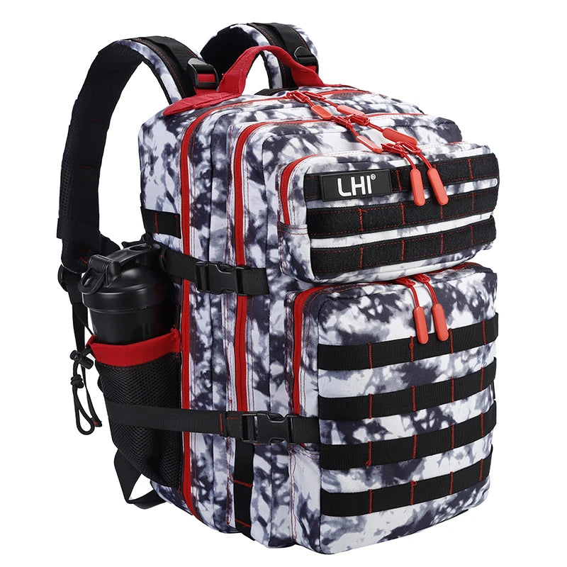 LHI 45L Tactical Backpack for Men and Women Large Athlete Gym Bag Outdoor Sports Hiking Survival Rucksack with Bottle Holder Black and White Red