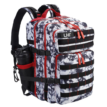 LHI 45L Tactical Backpack for Men and Women Large Athlete Gym Bag Outdoor Sports Hiking Survival Rucksack with Bottle Holder Black and White Red