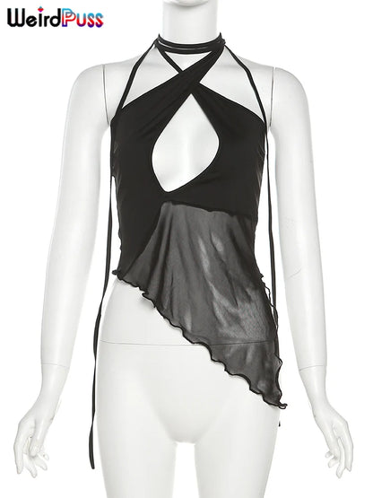 Weird Puss Cross Halter Women Tank Tops Hollow Out Backless Sleeveless Irregular Mesh Patchwork Solid Sexy Wild Party Clubwear