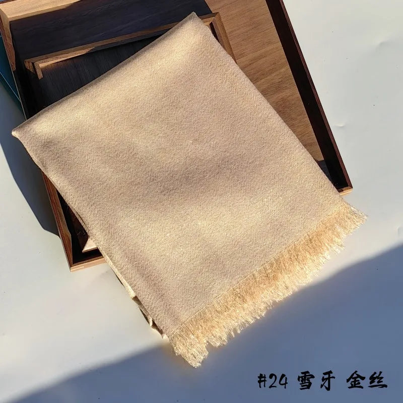 Lastest Brand Design Scarf Shiny Solid Color Shawls Rayon Fabric Gold Silk Silver Wire Head Shawl Fringe Hijab For Women 24