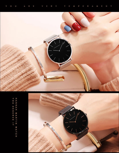 HANNAH MARTIN Brand Classic Women Quartz Watch 36mm Rose Gold Stainless Steel Mesh Strap Japanese Movement Girl Gift Wrist Watch