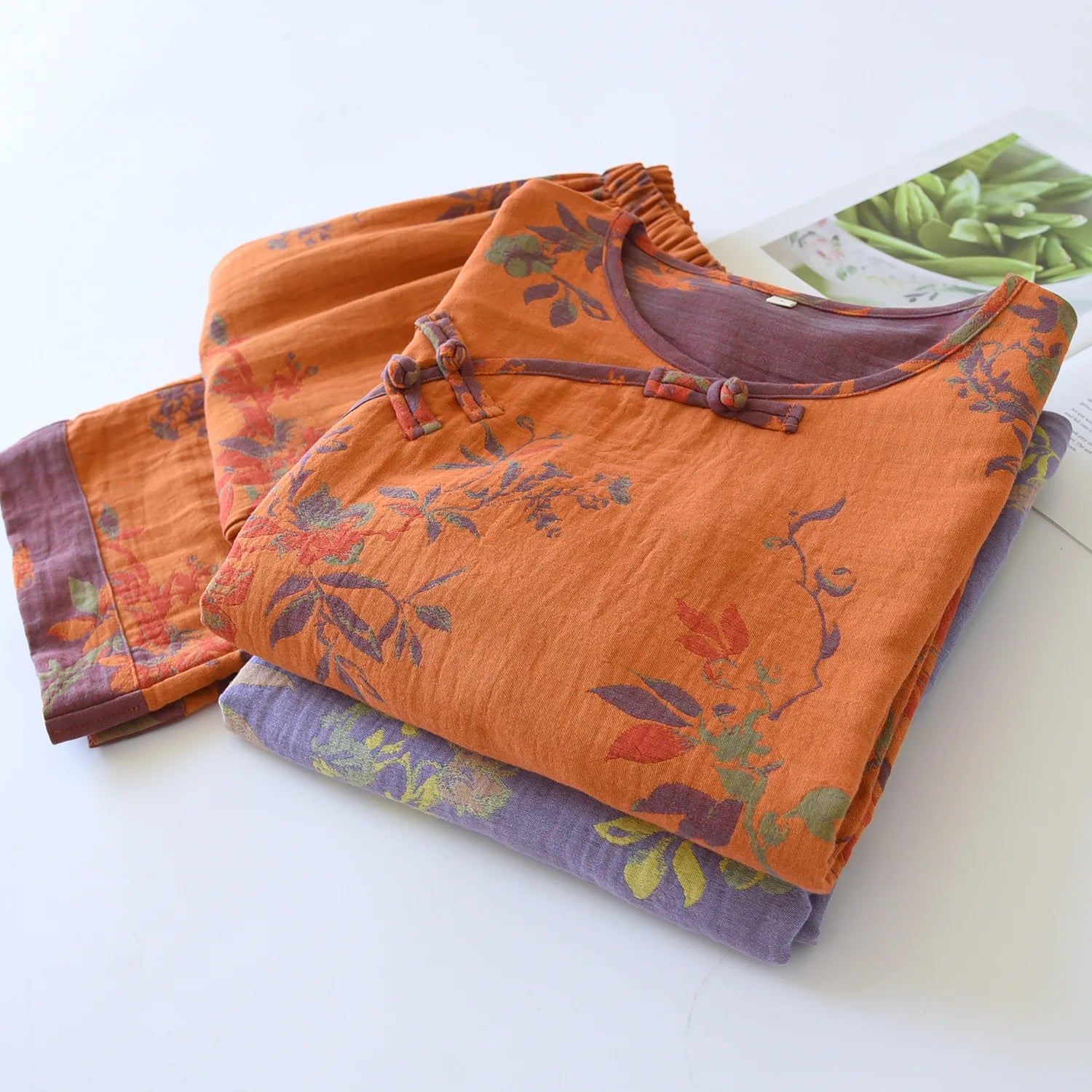 Women's Retro Long-sleeved Trousers Loungewear Set Yarn-dyed Double-sided Jacquard Thin Pajamas Round Neck Chinese Style Pijama