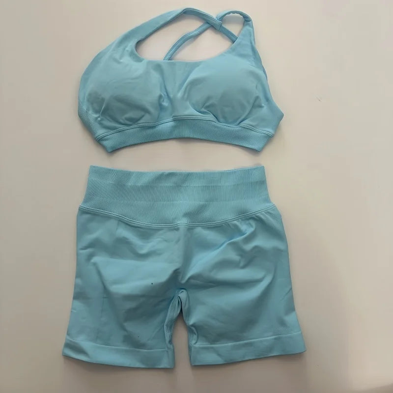 No Logo Yoga Asymmetric Gym Set Women Seamless Yoga Set Workout Shorts Sets Halter Sports Bra Scrunch Bum Shorts Fitness Clothes Badiee Stylez