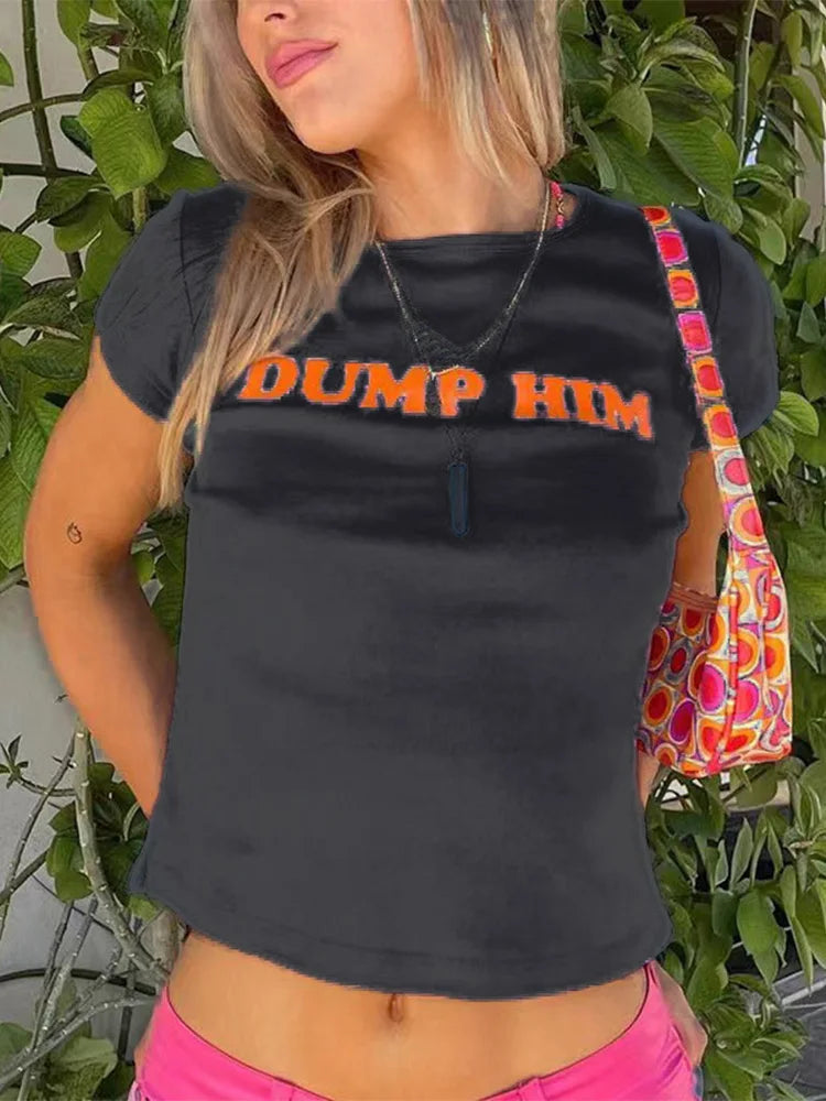 Cute 2000s Aesthetics Letter Print Blue Baby Tees Y2K Streetwear O-neck Short Sleeve Crop Tops Women Fashion 2023 Slim black