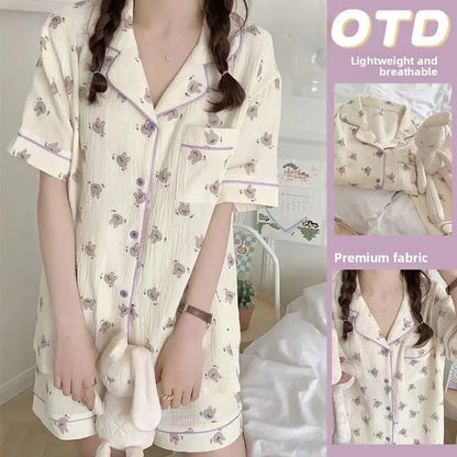 Cute Girl's Summer Cotton Linen ort Sve Nightgown Home Clothes Set Bear Print Gauze Spwear Simple Home Sle Cloud cotton open short-purple rabbit head