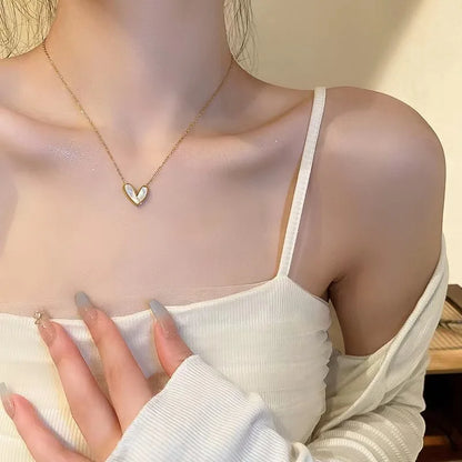ANENJERY L316 Stainless Steel White Shell Heart Pendant Necklace for Women Dainty Simple Tender Clavicle Chain Jewelry Gift Badiee Stylez