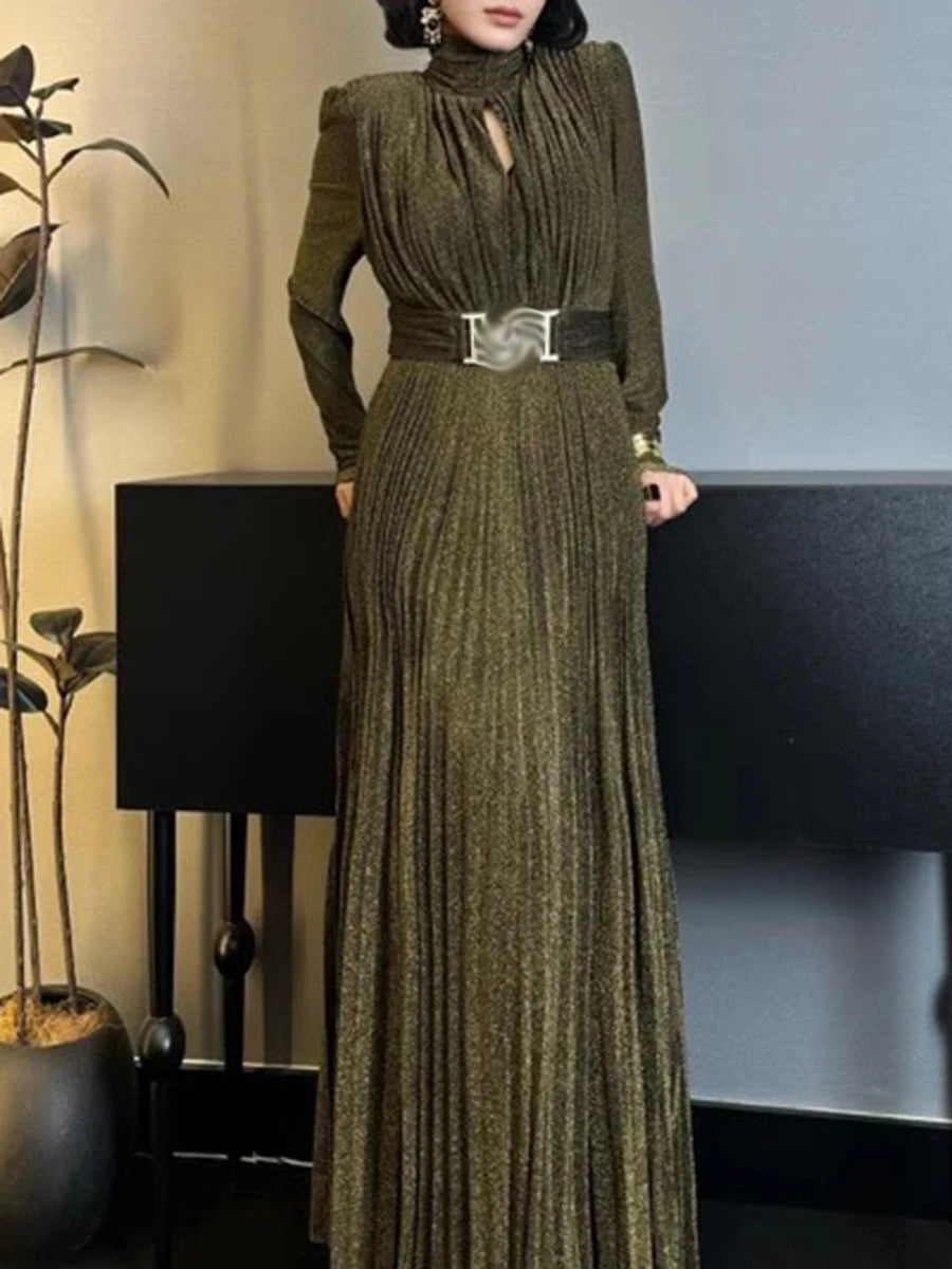 TWOTWINSTYLE Solid Spliced Belt Slimming Dresses For Women O Neck Long Sleeve High Waist Temperament Long Dress Female Clothes