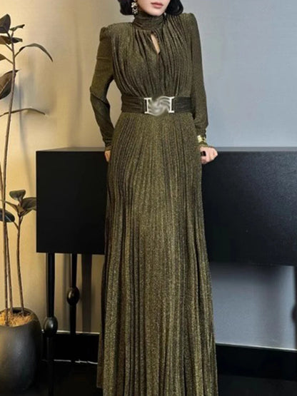 TWOTWINSTYLE Solid Spliced Belt Slimming Dresses For Women O Neck Long Sleeve High Waist Temperament Long Dress Female Clothes