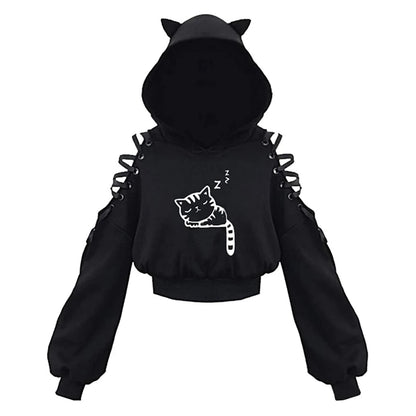 Y2k Gothic Womens Hoodie Cat Ear Crop Top Hooded Sweatshirt Hollow Out Lace Up Long Sleeve Hodded Casual Pullover Autumn D