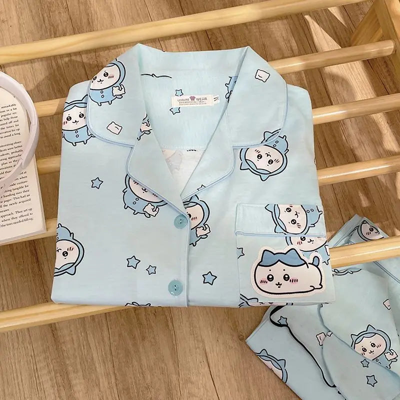 Kawaii Chiikawa Anime Pajamas Cartoon Usagi Hachiware Cute Girls Long Sleeves Long Pants Spring Autumn Student Home Clothes Set