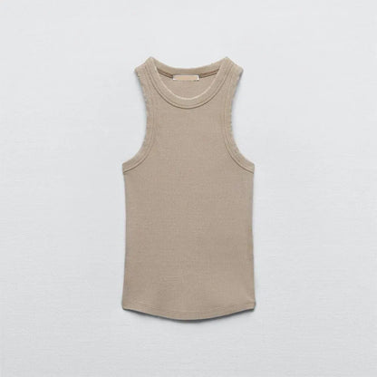 BMURHMZA Fashion New Water Wash Rib Simple Retro Workwear Women's Tank Top Khaki