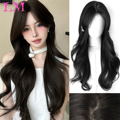 LM Long Silky Straight Synthetic Wigs with Bangs Black Cosplay Party Lolita Hair Wigs for Women Natural Heat Resistant Wig T1B Green