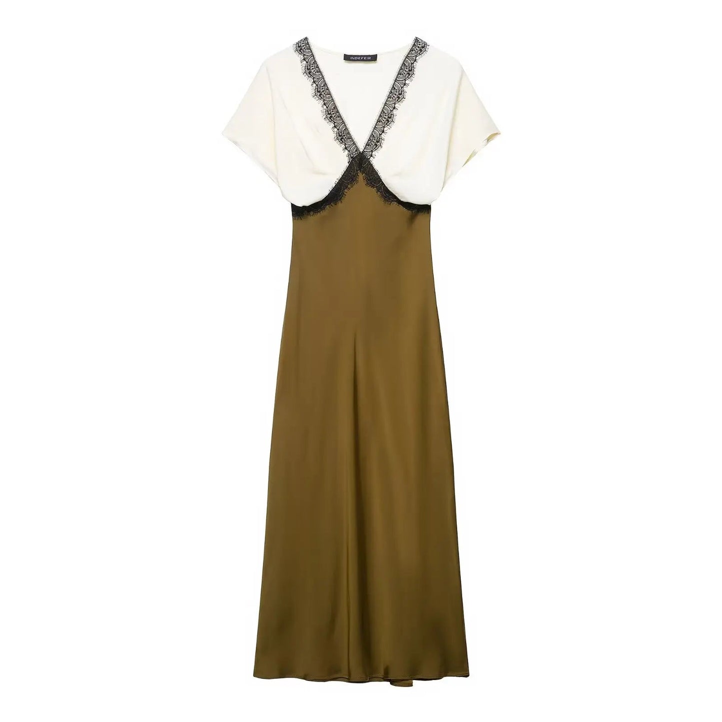 TRAF women's V-neck short sleeved autumn new item 2025 contrasting lace silk texture MIDI dress long  French evening dress Badiee Stylez