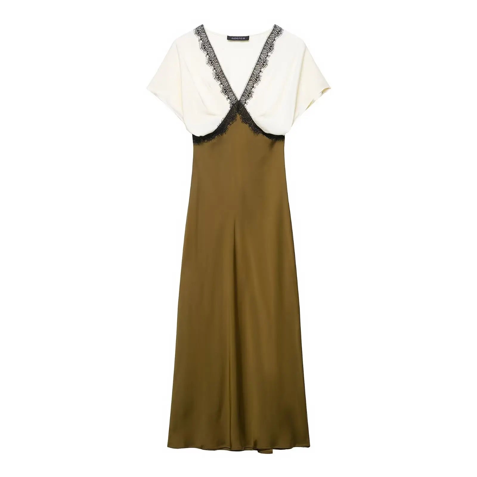 TRAF women's V-neck short sleeved autumn new item 2025 contrasting lace silk texture MIDI dress long  French evening dress Badiee Stylez