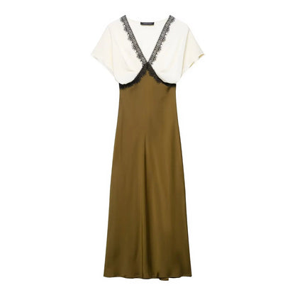 TRAF women's V-neck short sleeved autumn new item 2025 contrasting lace silk texture MIDI dress long  French evening dress Badiee Stylez