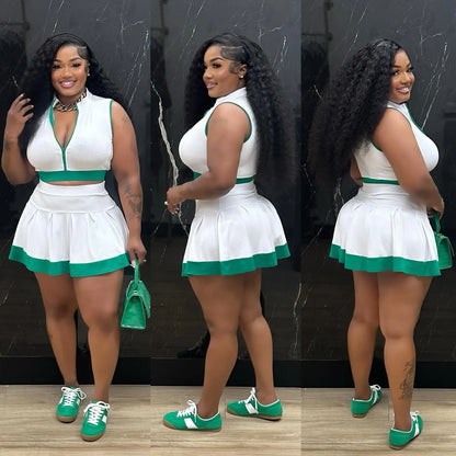 CM.YAYA Women's Set Sleeveless V-neck Vest + Pleated Skirts 2025 Summer Cute Street Beach Two 2 Piece Sets Outfits Tracksuit