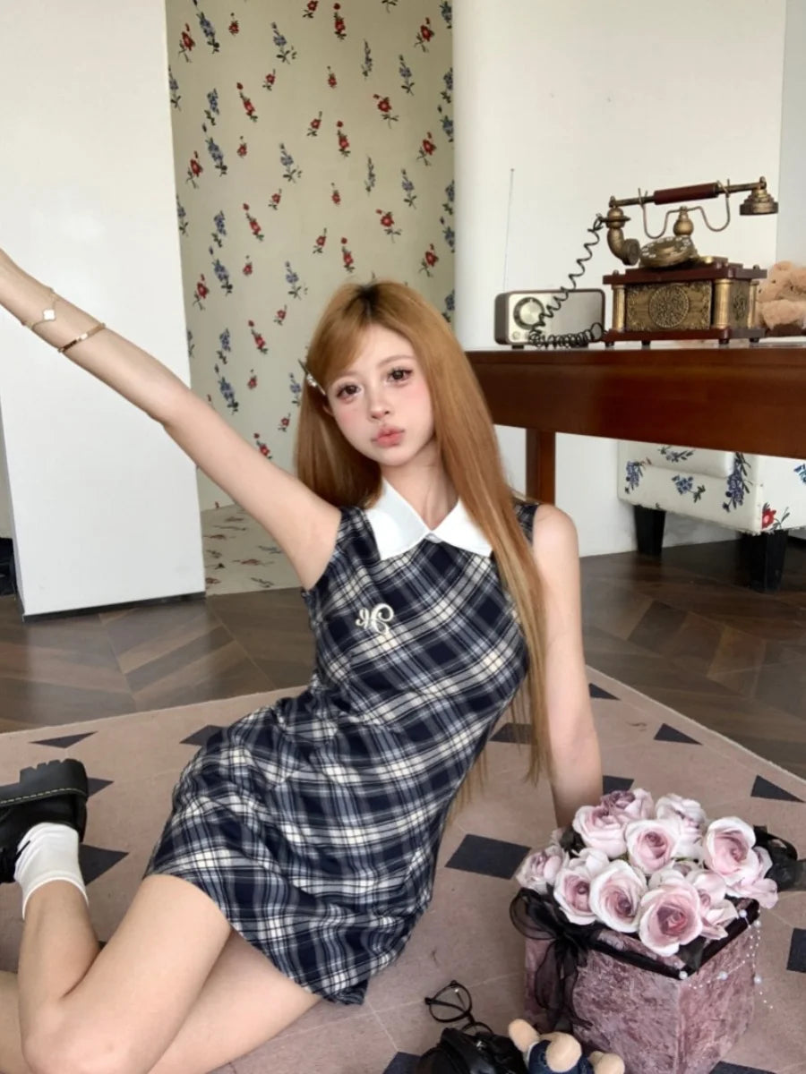 Onalippa Vintage Plaid Mini Dress Women Waist Belt Polo Collar Sleeveless A Line Dresses High Street Contrast Vestidos