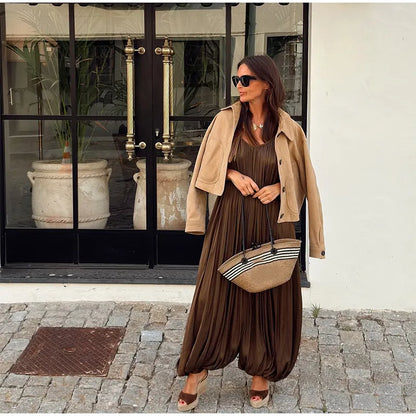 Fashion Solid Pleated Jumpsuit Women Chic Sleeveless U Neck Backless Loose Vacation Pants Set 2025 Summer Holiday Street Outfit