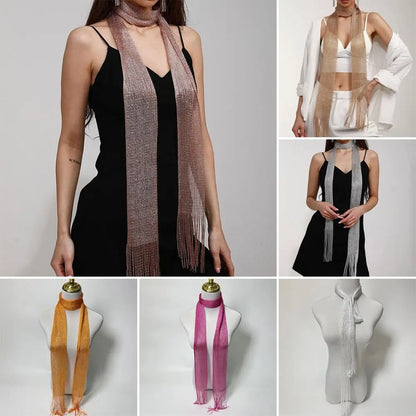 Fashion Lace Tassel Scarf Thin Long Glitter Bright Silk Sunscreen Shawl Shiny Lace Necklace For Women Party Evening Dress Scarf