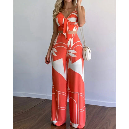 Summer Women Tropical Print Spaghetti Strap Casual Lace up Back Top &High Waist Pants Set 2 Pieces Suit Sets 2023 Woman Clothing Orange