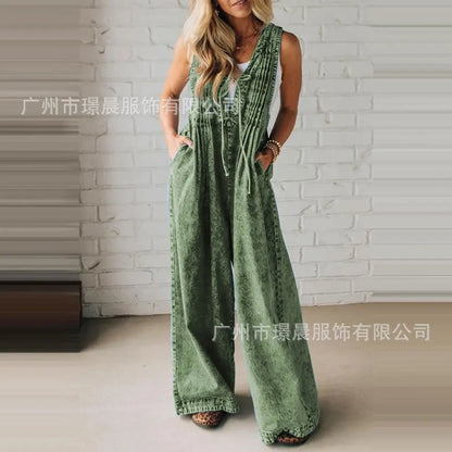 Fashion Casual Jumpsuit Women's 2025 Loose Sleeveless Solid color Pleated Lace-up One Piece Set Romper Pocket Playsuit（no Denim） Badiee Stylez