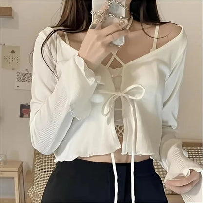 Casual Knitted Cardigan Women Fashion Thin Sunscreen Lace-Up Knitwear Tops Y2k Girls Korean Style Flare Sleeve Cropped Coat WHITE One Size