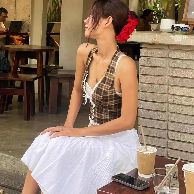 Candyhot Plaid Vintage Lace French Style Halter Crop Tops Retro Backless Sleeveless V-neck Slim Tops Casual Streetwear Camisole Light Brown