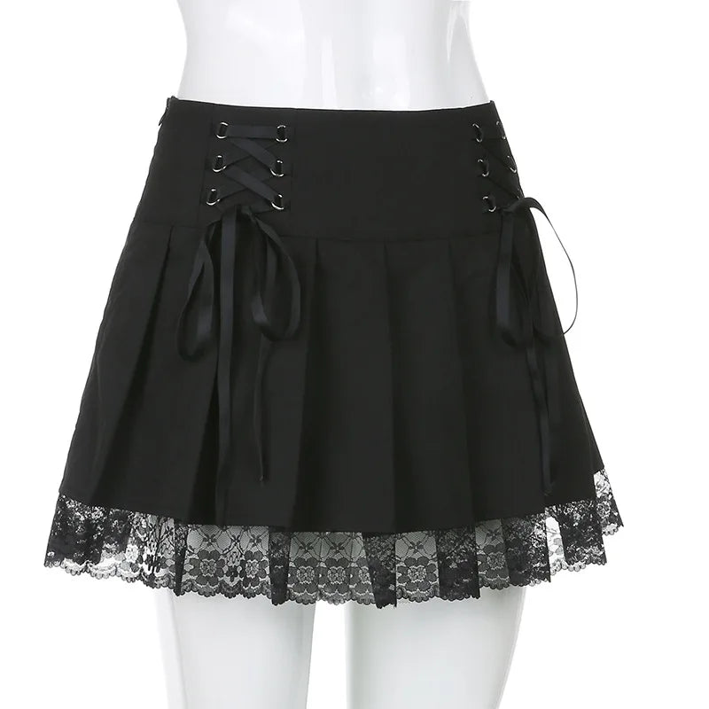 Girl Retro Pleated Skirt Lace Up High Waist Plaid Mesh Stitching Hem Y2K Aesthetic Gothic Black Mini Skirts Bodycon