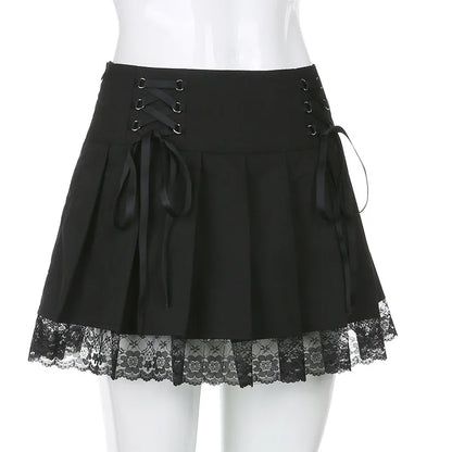 Girl Retro Pleated Skirt Lace Up High Waist Plaid Mesh Stitching Hem Y2K Aesthetic Gothic Black Mini Skirts Bodycon