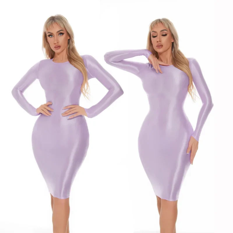 Sexy Women Bodycon Dresses Glossy Tight Dress Professional Uniform Seductive See-Through Underwear Seamless Nightdress For Lady