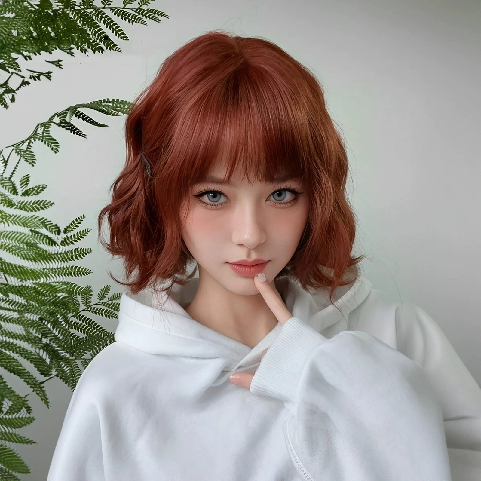 Allbell Magique Short Wavy Wig Bob Curly Wig With Bangs Dirty Orange Lolita Wigs Natural Synthetic Wig For Woman Heat Resistant